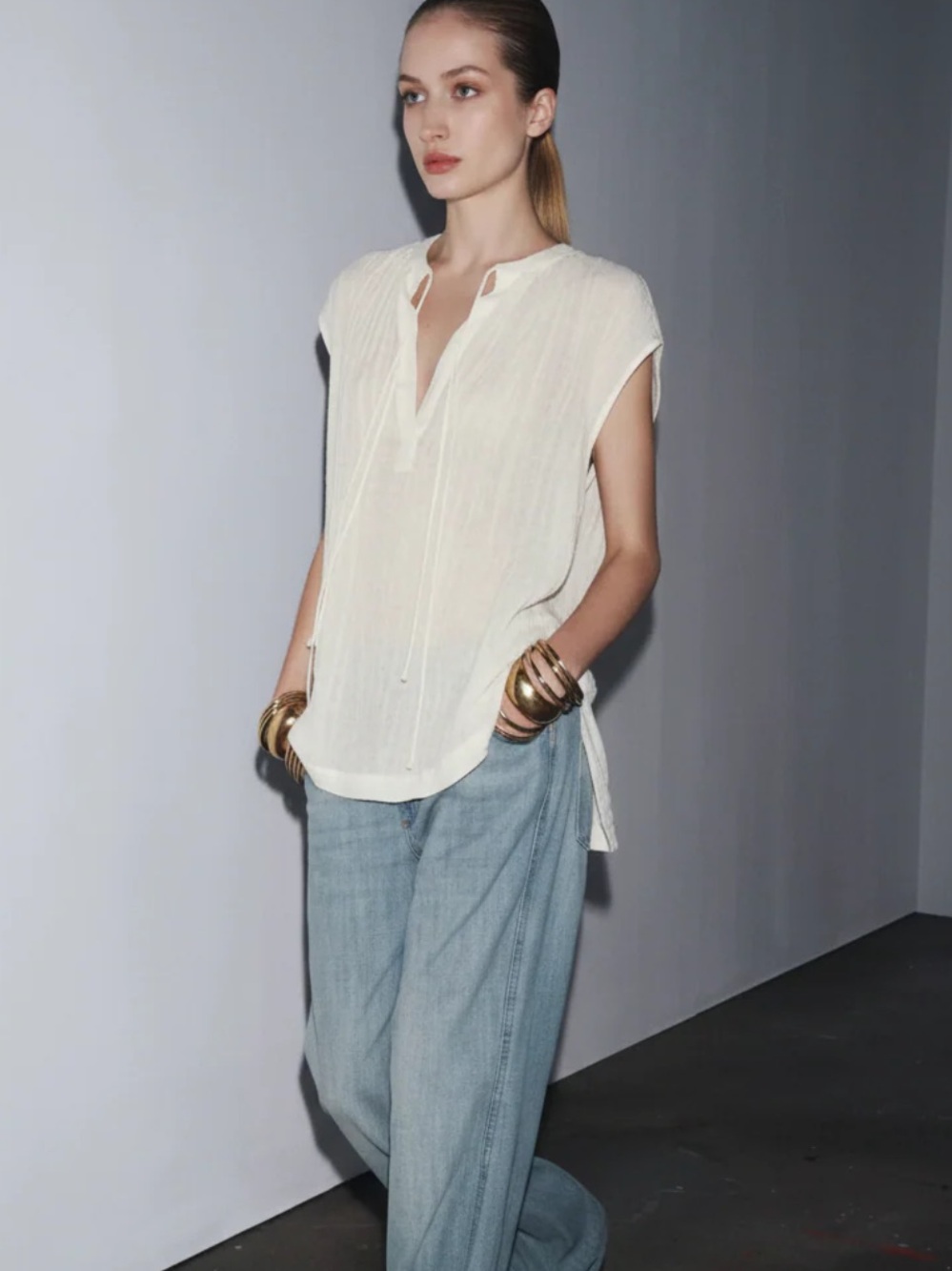 Zara Cream Split-Neck Tie-Front Tunic